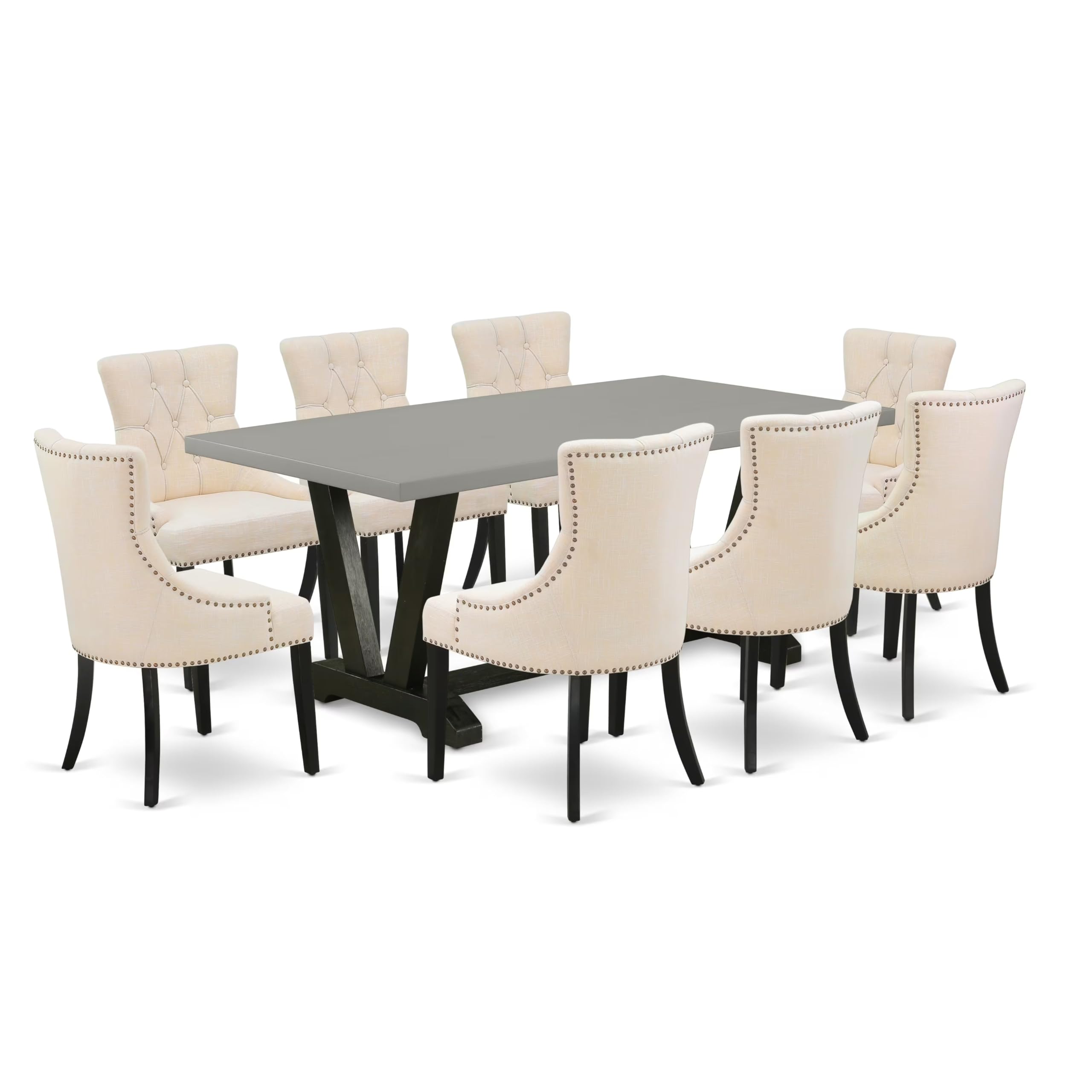 East West Furniture V697Fr102-9 9 Piece Dining Room Set Includes A Rectangle Kitchen Table With V-Legs And 8 Light Beige Linen Fabric Upholstered Parson Chairs, 40X72 Inch, Multi-Color